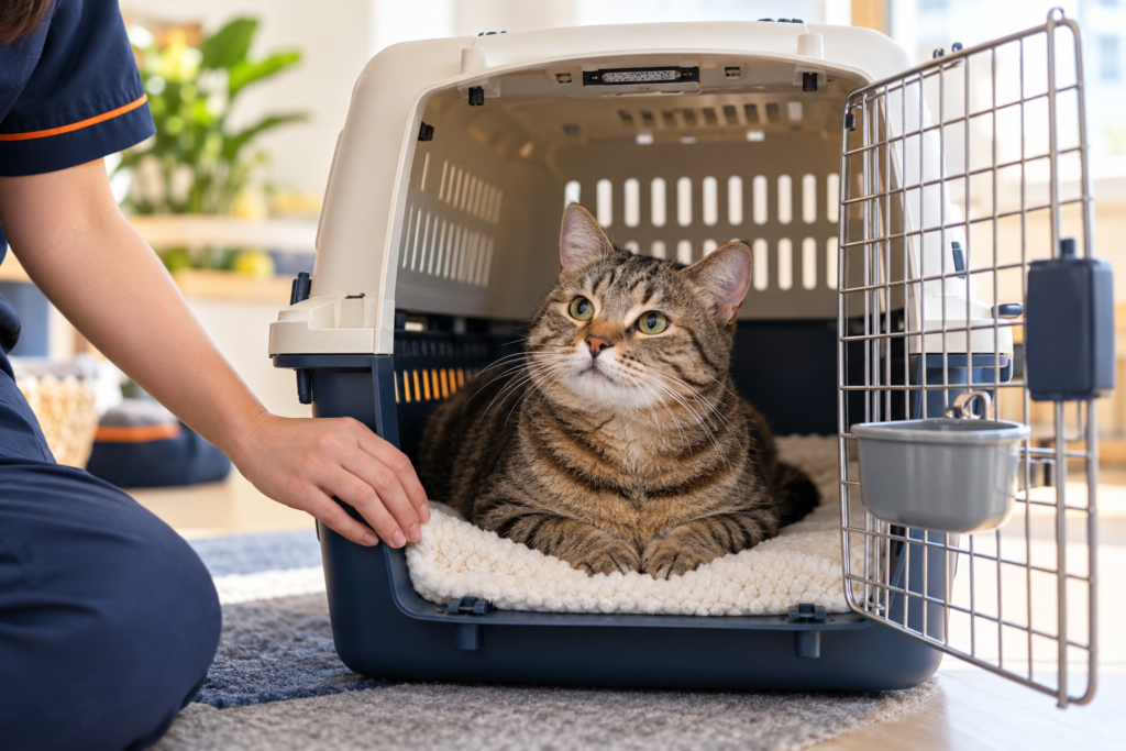 Tabby cat resting in a ventilated travel carrier with an attendant nearby