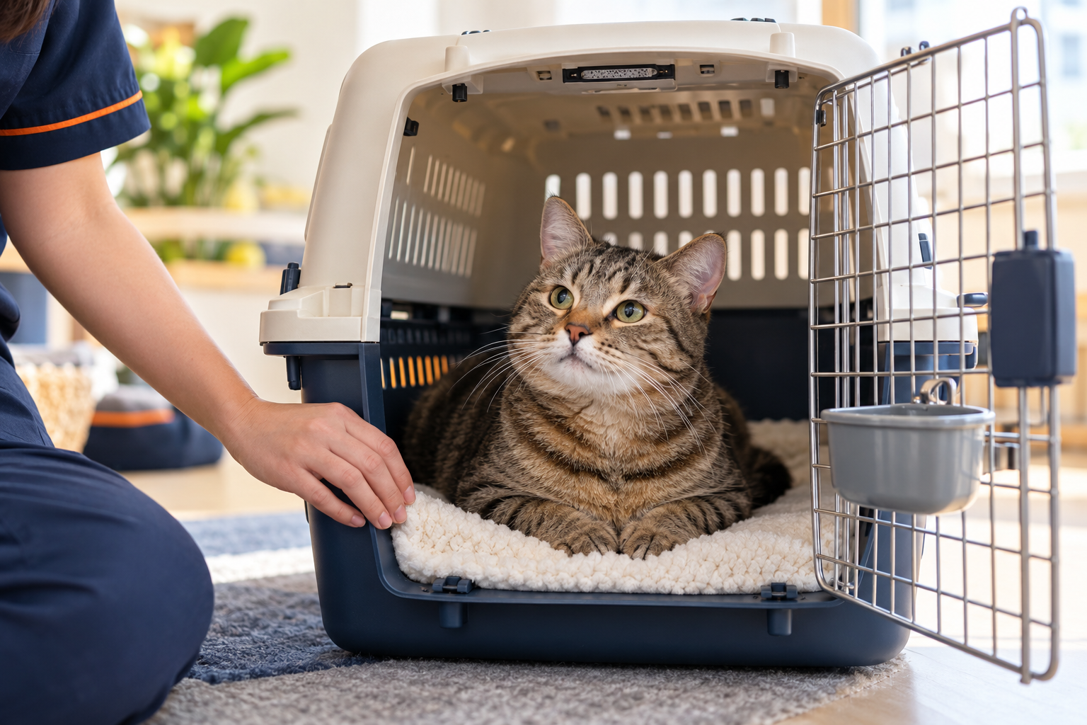 Tabby cat resting inside a ventilated pet carrier