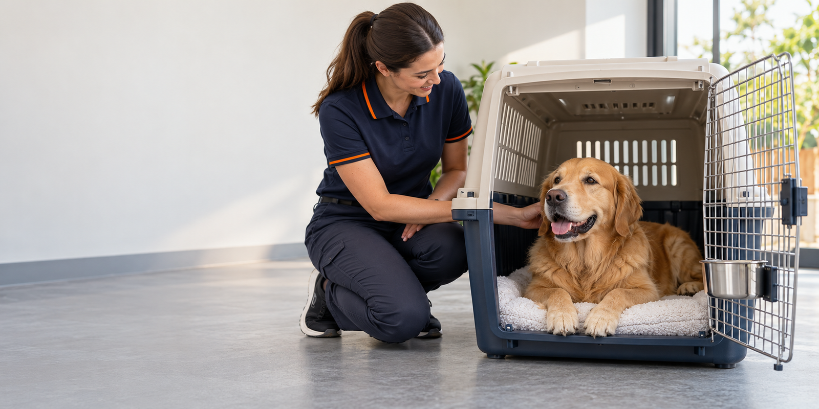 Golden retriever sitting comfortably in an open travel carrier beside a handler